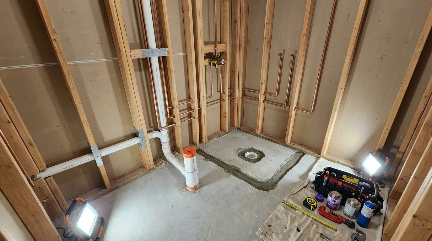 Bathroom rough-in plumbing during remodel by Johns Plumbing LLC in Tonasket