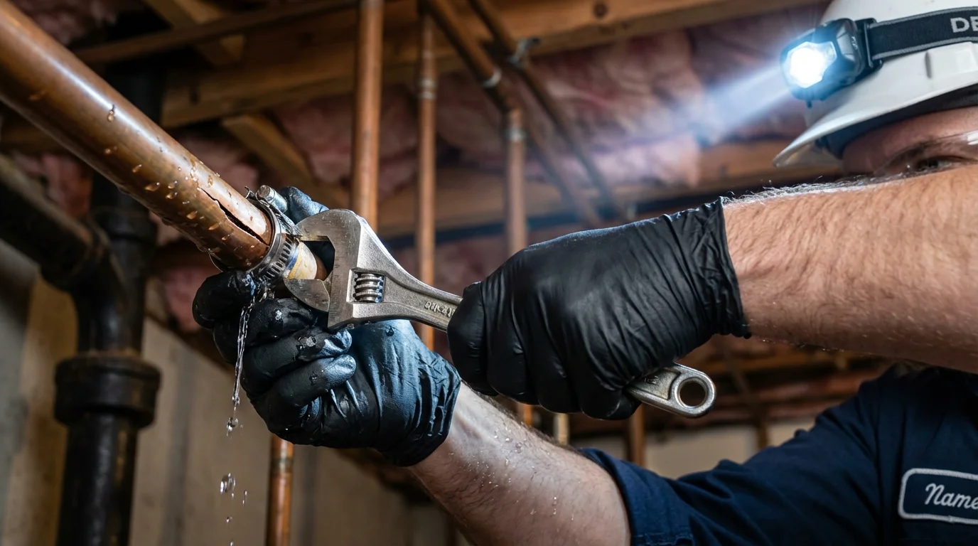 Emergency pipe clamp repair being performed by a Johns Plumbing LLC plumber in Tonasket