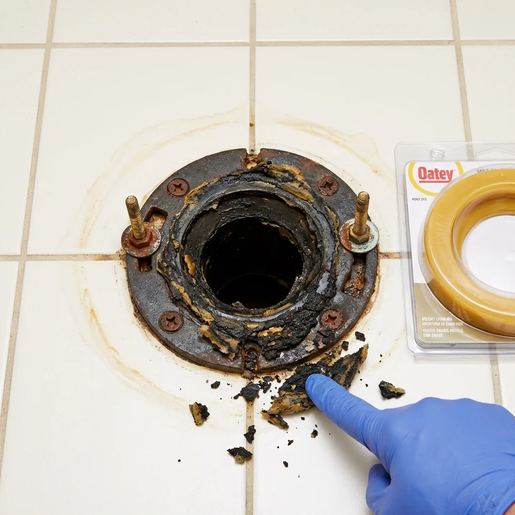 Failed wax ring showing water seepage at the base of a toilet in a Tonasket, WA home