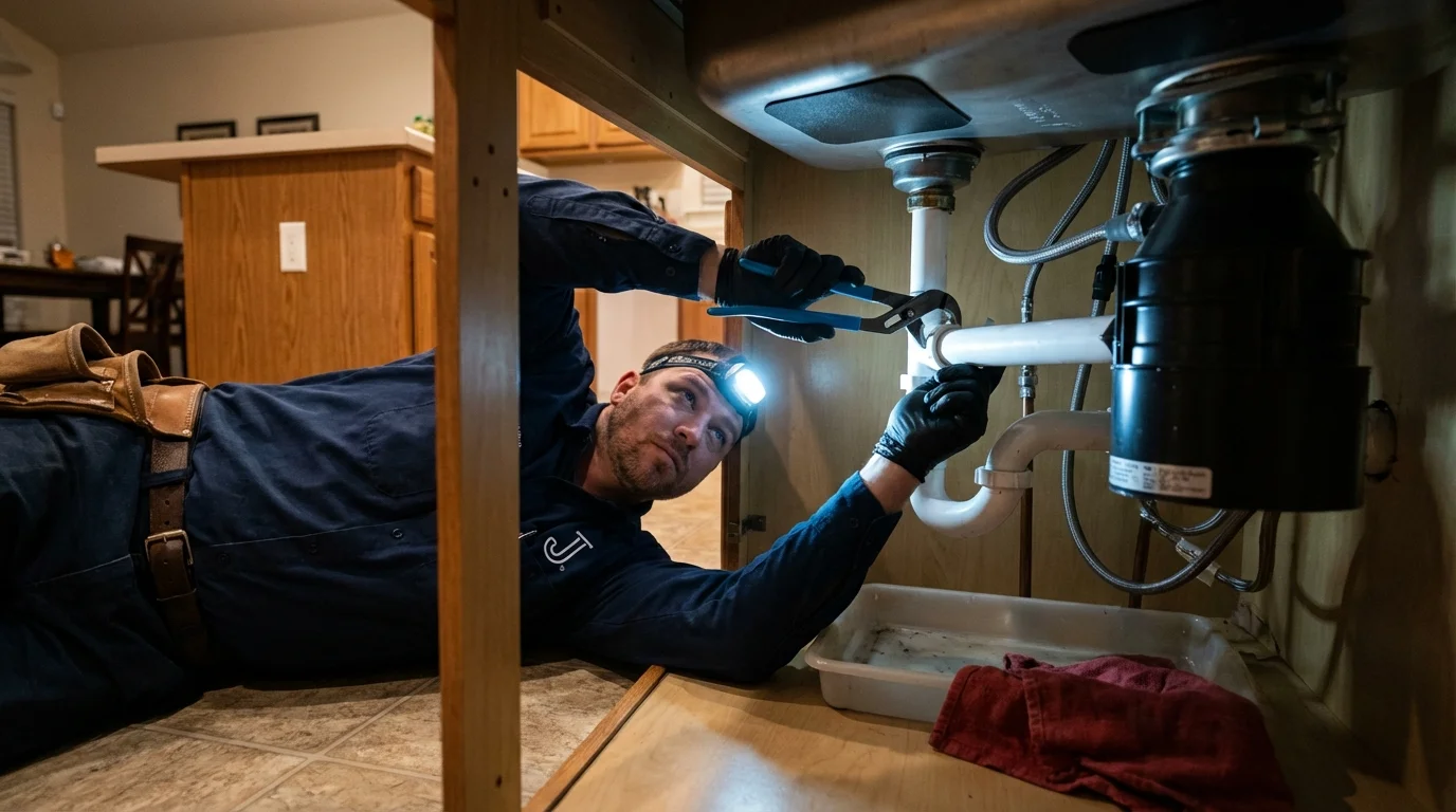 P-trap and supply line connections under a kitchen sink showing a common leak point in Tonasket, WA